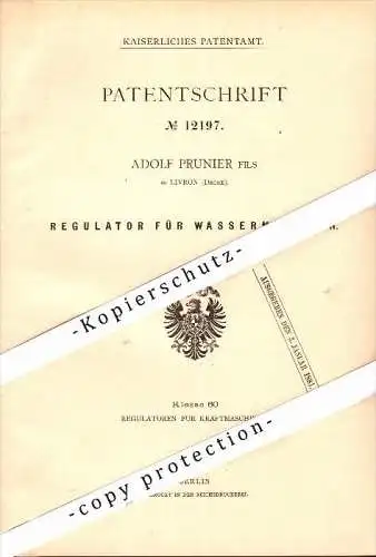 Original Patent - Adolf Prunier à Livron-sur-Drome , 1879 , Régulateur pour moteurs submersibles !!!