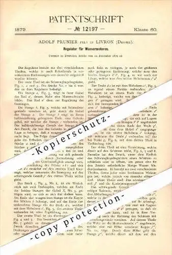 Original Patent - Adolf Prunier à Livron-sur-Drome , 1879 , Régulateur pour moteurs submersibles !!!