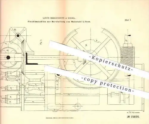 original Patent - Louis Bergognon in Basel , 1881 , Flechtmaschine zur Herstellung von Webstuhl - Litzen , Weber !!!