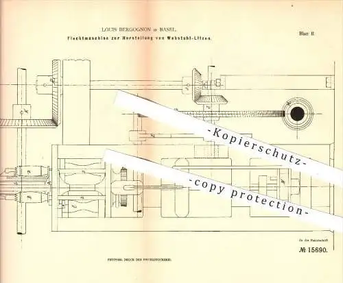 original Patent - Louis Bergognon in Basel , 1881 , Flechtmaschine zur Herstellung von Webstuhl - Litzen , Weber !!!