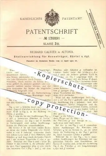 original Patent - Richard Galster in Altona , 1902 , Stellvorrichtung für Hosenträger , Gürtel , Mode , Hamburg !!!