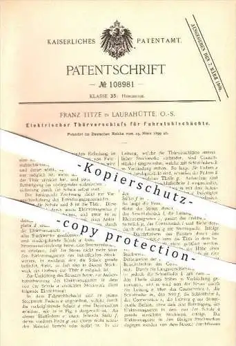 original Patent - Franz Titze , Laurahütte , O.-S. ,1899, Türverschluss für Fahrstuhlschächte , Fahrstuhl , Aufzug , Tür