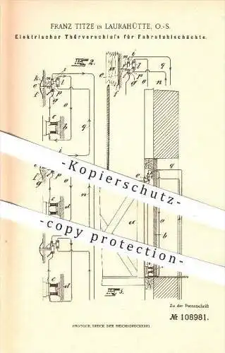 original Patent - Franz Titze , Laurahütte , O.-S. ,1899, Türverschluss für Fahrstuhlschächte , Fahrstuhl , Aufzug , Tür