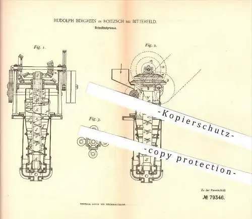 original Patent - Rudolph Bergreen in Roitzsch bei Bitterfeld , 1894, Schnitzelpresse, Zuckerfabrik , Sandersdorf-Brehna