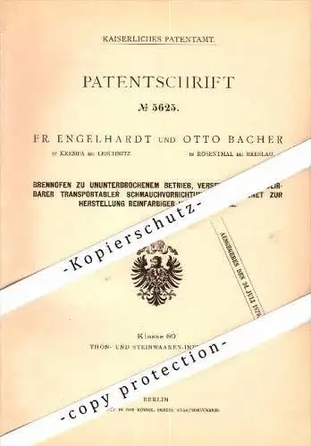 Original Patent -F. Engelhardt , O. Bacher in Krempa b. Leschnitz und Rosenthal b. Breslau , 1878, Schlesien , Brennofen