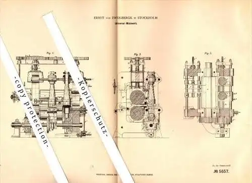 Original Patent - Ernst von Zweigbergk in Stockholm , 1878 , Universal - Walzwerk , Metallbau !!!