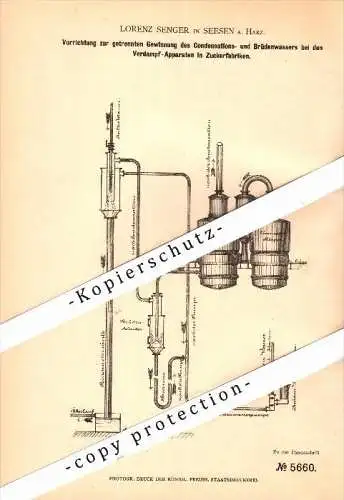 Original Patent - Lorenz Senger in Seesen a. Harz , 1878 , Verdampf-Apparat für Zuckerfabrik , Goslar !!!