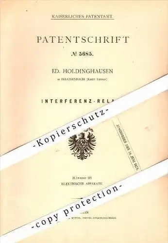 Original Patent - E. Holdinghausen in Hilchenbach b. Siegen , 1878 , Interferenz-Relais , Elektrik , Siegen-Wittgenstein