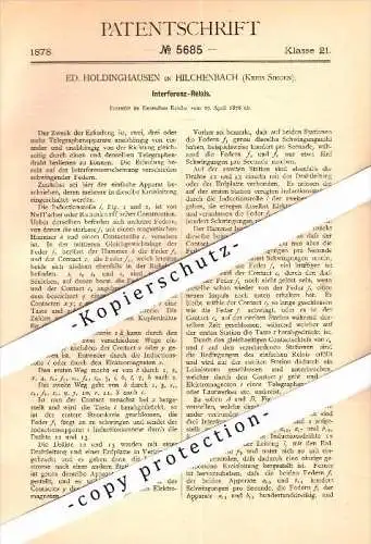 Original Patent - E. Holdinghausen in Hilchenbach b. Siegen , 1878 , Interferenz-Relais , Elektrik , Siegen-Wittgenstein