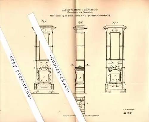 Original Patent -  August Culmann in Augustfehn b. Apen , Grossherzogtum Oldenburg , 1878 , Zimmerofen mit Zugwechsel !