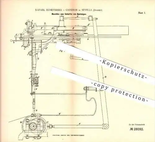 original Patent - R. Echeverria y Cisneros , Sevilla , Spanien , 1883 , Schärfen von Bandsägen , Bandsäge, Säge , Forst