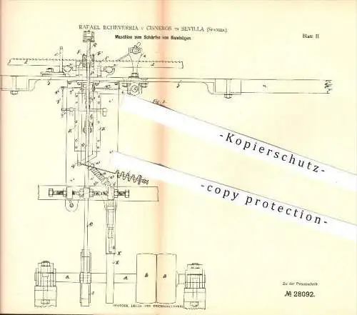 original Patent - R. Echeverria y Cisneros , Sevilla , Spanien , 1883 , Schärfen von Bandsägen , Bandsäge, Säge , Forst