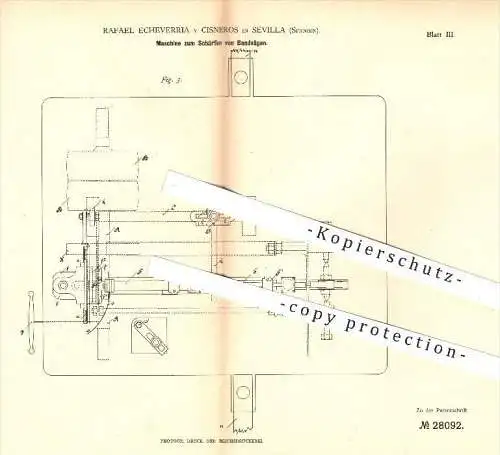 original Patent - R. Echeverria y Cisneros , Sevilla , Spanien , 1883 , Schärfen von Bandsägen , Bandsäge, Säge , Forst