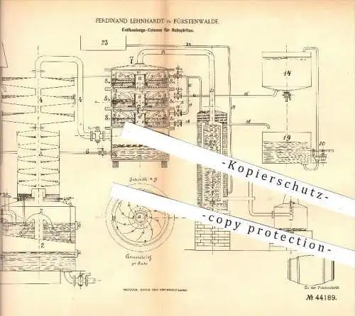 original Patent - Ferdinand Lehnhardt in Fürstenwalde , 1887 , Entfuselungs-Kolonne für Rohspiritus , Spiritus , Alkohol