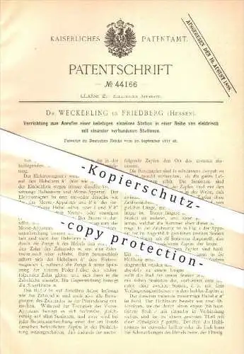 original Patent - Dr. Weckerling in Friedberg , 1887 , Fernsprecher , Morser , Morsen , Telefon , Elektromagnet , Strom