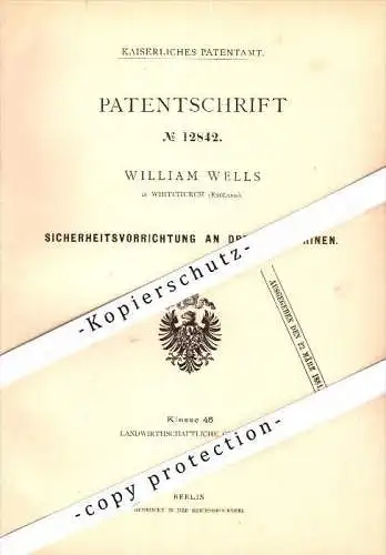 Original Patent - William Wells in Whitchurch , England , 1880 , Security apparatus for threshing , agricultural !!!