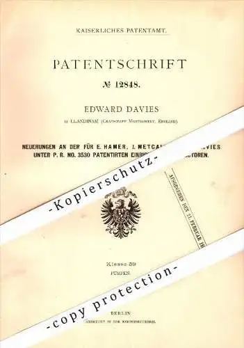 Original Patent - Edward Davies in Llandinam / Powys , Montgomery , 1880 , Injectors for pumps , Llanidloes , Newtown !!