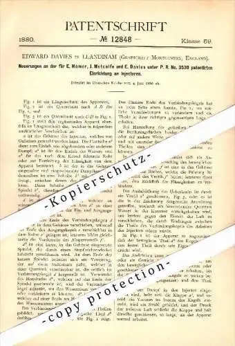 Original Patent - Edward Davies in Llandinam / Powys , Montgomery , 1880 , Injectors for pumps , Llanidloes , Newtown !!