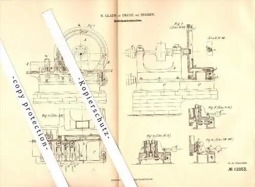 Original Patent - N. Glade in Dreye b. Weyhe , 1880 , Brettchen-Hobelmaschine , Tischlerei , Tischler , Holz , Bremen !!