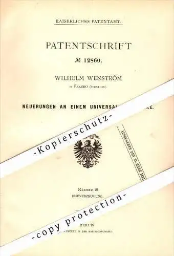 Original Patent - Wilhelm Wenström in Örebro , Schweden , 1880 , Universal-Walzwerke !!!