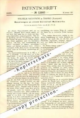 Original Patent - Wilhelm Wenström in Örebro , Schweden , 1880 , Universal-Walzwerke !!!