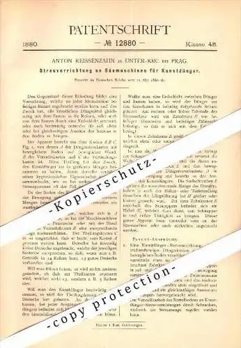 Original Patent - Anton Reissenzahn in Unter-Krc b. Prag / Praha , 1880 , Säemaschine für Kunstdünger , Agrar !!!