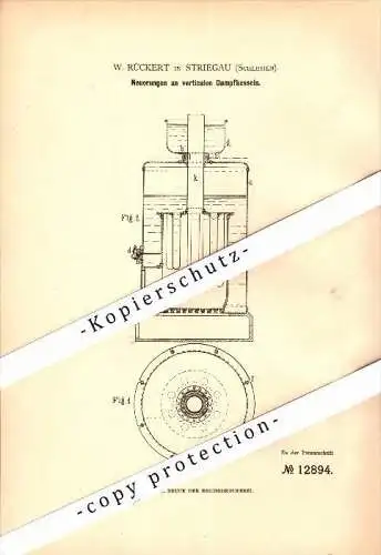 Original Patent - W. Rückert in Striegau / Strzegom , Schlesien , 1880 , Dampfkessel !!!