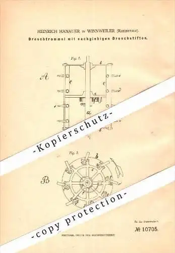 Original Patent - Heinrich Hanauer in Winnweiler , Rheinpfalz , 1880 , Dreschtrommel , Landwirtschaft , Agrar !!!