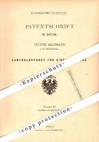 Original Patent - Victor Salemann in St. Petersburg , 1880 , Controlapparat für Eisenbahn , Russland !!!