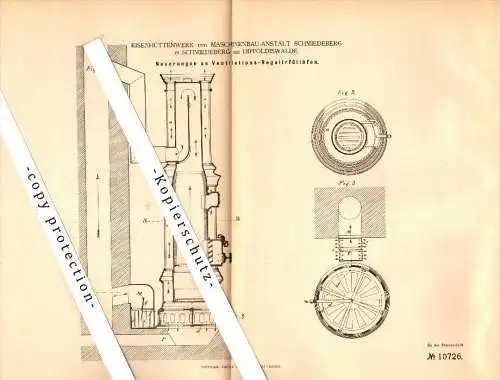 Original Patent - Eisenhüttenwerk und Maschinenbau in Schmiedeberg b. Dippoldiswalde , 1880 , Ventilations-Regulierofen