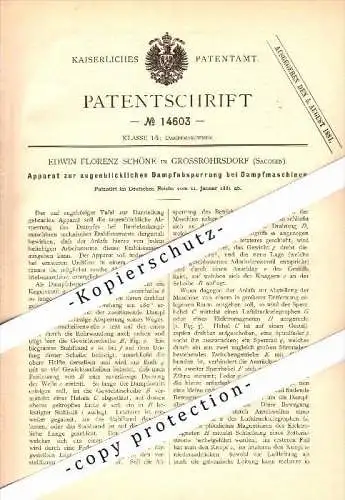 Original Patent - Edwin F. Schöne in Großröhrsdorf b. Bautzen , 1881 , Apparat für Dampfmaschine , Sachsen  !!!