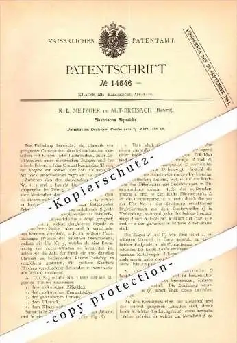 Original Patent - R.L. Metzger in Alt-Breisach , Baden , 1880 , elektrische Signaluhr , Breisach am Rhein !!!