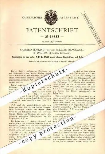 Original Patent - Richard Hosking und W. Blackwell in Dalton-in-Furness , 1880 , pump , water Pump , Barrow !!!