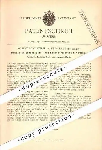 Original Patent - Robert Schlathau in Bernstadt /  Bierutów i. Schlesien , 1884 , Hebeapparat für Pflug , Agrar !!!