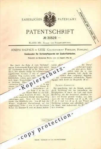 Original Patent - Joseph Halpaus in Ustie , Gouvernement Podolien , 1884 , Kondensator für Zuckerfabrik , Russland !!!