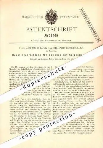 Original Patent - Simson & Luck und R. Bornmüller in Suhl , 1884 , Gewehr mit Kolbenmagazin , Waffen !!!