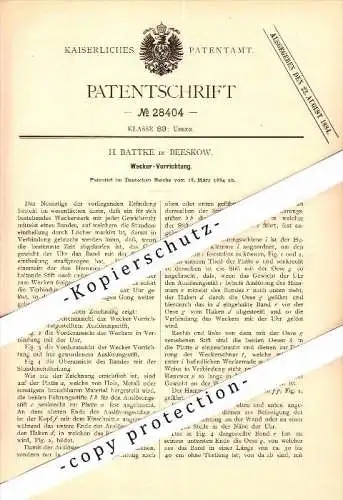 Original Patent - H. Battke in Beeskow , 1884 , Wecker - Vorrichtung , Uhr , Uhrmacher !!!