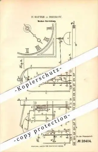 Original Patent - H. Battke in Beeskow , 1884 , Wecker - Vorrichtung , Uhr , Uhrmacher !!!