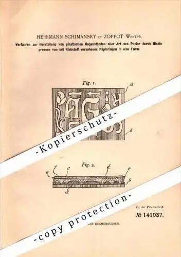 Original Patent - H. Schimansky in Zoppot / Sopot , Westpreussen , 1902 , Herstellung plastischer Gegenstände , Plastik