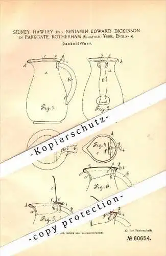 Original Patent - S. Hawley und B.E. Dickinson in Parkgate , Rotherham , 1891 , Jar Opener !!!