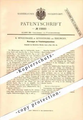 Original Patent - K. Münzenmaier in Kennenburg b. Esslingen , 1882 , Fleisch-Wiegemaschine , Schlachter , Metzger !!!