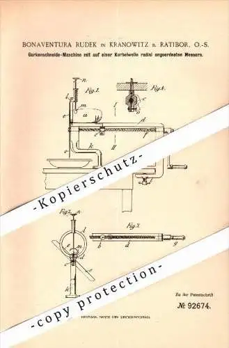 Original Patent - Bonaventura Rudek in Kranowitz b. Ratibor ,1896, Gurken - Schneidemaschine , Oberschlesien , Schlesien