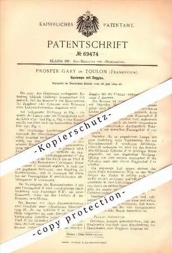 Original Patent - Prosper Gary à Toulon , 1892 , Lampe à gaz !!!