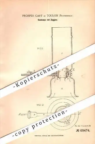 Original Patent - Prosper Gary à Toulon , 1892 , Lampe à gaz !!!