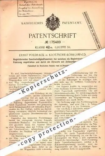 Original Patent - Ernst Poldrack in Klotzsche-Königswald / Dresden , 1904 , Geschwindigkeitsmesser  !!!