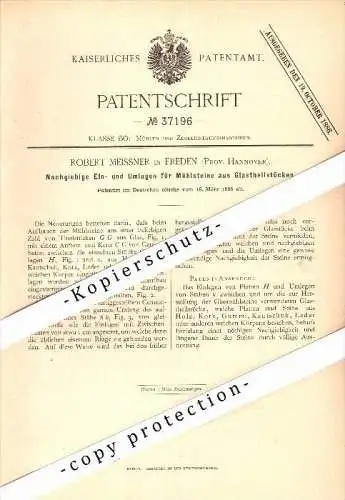 Original Patent - Robert Meissner in Freden b. Hildesheim , 1886 , Mühlsteine mit Glas , Mühle , Hannover !!!