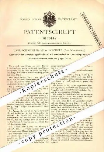 Original Patent - Carl Schondelmaier in Hornberg , 1881, Lockfisch für Schwebeangel-Fischerei , Angeln , Bad Schwarzwald