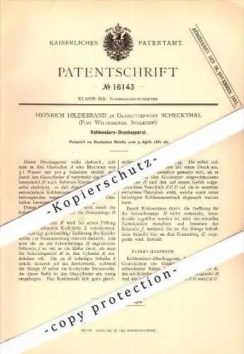 Original Patent -H. Hildebrand in Glashüttenwerk Scheckthal b. Wittichenau ,1881, Kohlensäure - Druckapparat , Bautzen