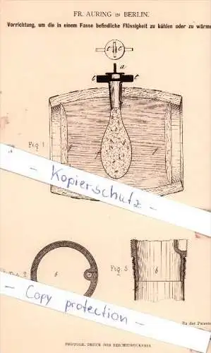 Original Patent - Fr. Auring in Berlin , 1881 , Schankgeräthschaften !!!