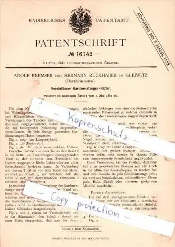 Original Patent -  A. Kremser und H. Ruckhaber in Gleiwitz , Oberschlesien , 1881 , !!!